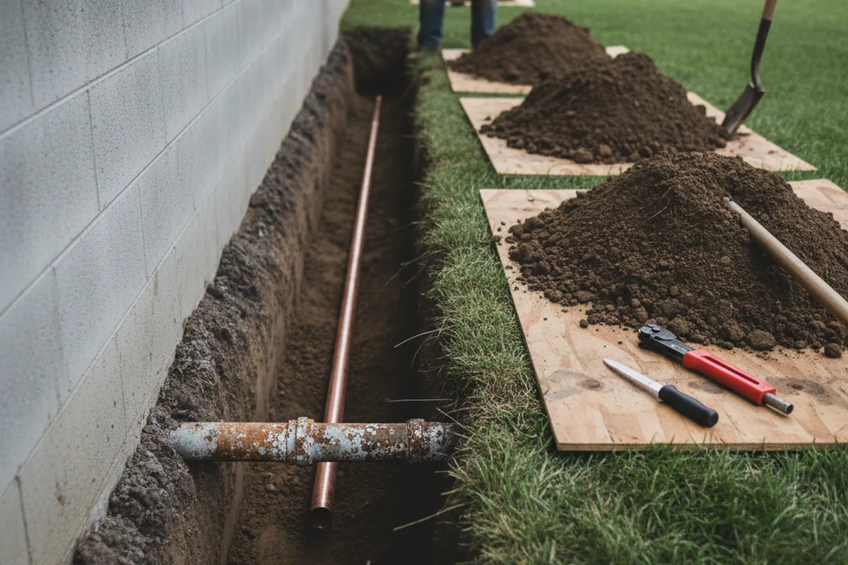 Excavated water line trench during Sewer Line Repair in Malcom